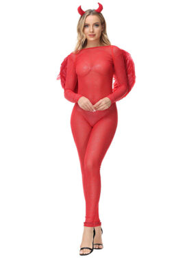 סרבל אלסטי סקסי של השטן האדום עם כנפיים וקרניים תחפושת מסכת שד ליל כל הקדושים N21629 1