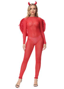 סרבל אלסטי סקסי של השטן האדום עם כנפיים וקרניים תחפושת מסכת שד ליל כל הקדושים N21629