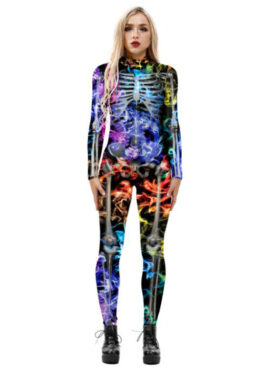 אופנה צבעוני עצם מודפס תלת מימד Unitard שלד גבוה צווארון בגד גוף ליל כל הקדושים תחפושת N21400 3