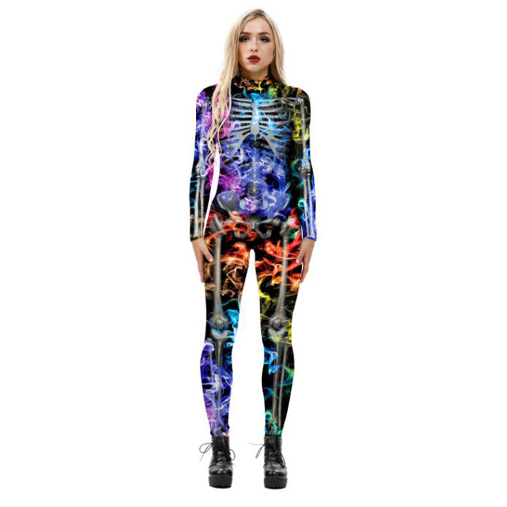 אופנה צבעוני עצם מודפס תלת מימד Unitard שלד גבוה צווארון בגד גוף ליל כל הקדושים תחפושת N21400 3