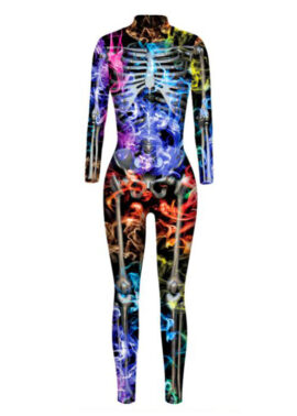 אופנה צבעוני עצם מודפס תלת מימד Unitard שלד גבוה צווארון בגד גוף ליל כל הקדושים תחפושת N21400