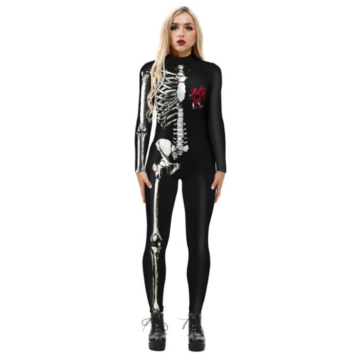 עצמות לבנות סקסיות מודפס תלת מימד Unitard שלד עם צוואר גבוה בגד גוף ליל כל הקדושים קוספליי תחפושת N21398 1