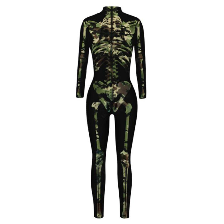 Camo Bone סקסי מודפס תלת מימד Unitard שלד עם צוואר גבוה בגד גוף ליל כל הקדושים קוספליי תחפושת N21396 2