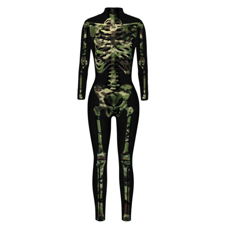 Camo Bone סקסי מודפס תלת מימד Unitard שלד עם צוואר גבוה בגד גוף ליל כל הקדושים קוספליי תחפושת N21396