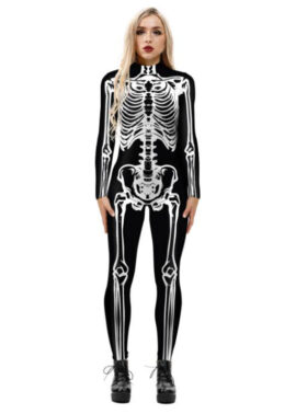 עצם לבן מפחיד 3D דיגיטלי מודפס Unitard שלד גבוה צווארון בגד גוף ליל כל הקדושים תחפושת N21395 2