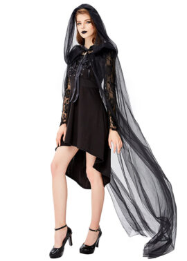 ערפד שחור גותי שמלה גבוהה נמוכה וגלימה ארוכה גלימת רפאים למבוגרים תחפושת ליל כל הקדושים N19445 7