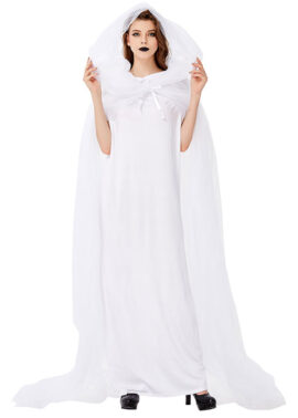 כלה רוח רפאים לבנה וינטג' שמלת כלה ארוכה וגלימה ארוכה רשת תחפושת ליל כל הקדושים למבוגרים N19444 4
