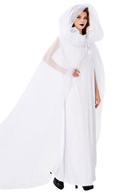 כלה רוח רפאים לבנה וינטג' שמלת כלה ארוכה וגלימה ארוכה רשת תחפושת ליל כל הקדושים למבוגרים N19444 5