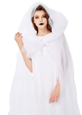 כלה רוח רפאים לבנה וינטג' שמלת כלה ארוכה וגלימה ארוכה רשת תחפושת ליל כל הקדושים למבוגרים N19444 6