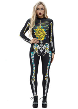 גולגולת מפחידה Unitard תלת מימד מודפסת שלד עם צוואר גבוה בגד גוף ליל כל הקדושים תחפושת N18239 1