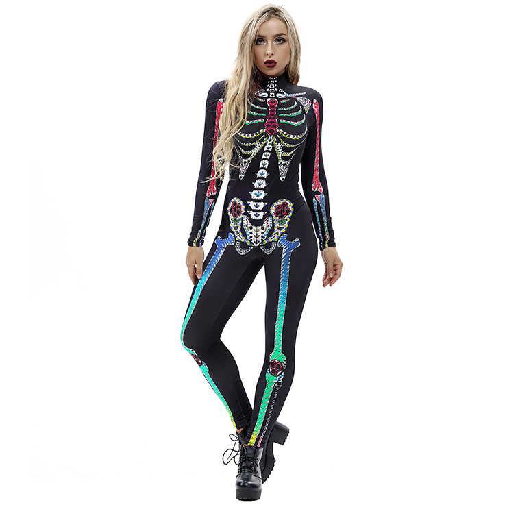 גולגולת מפחידה Unitard תלת מימד מודפסת שלד גבוה צווארון בגד גוף תחפושת ליל כל הקדושים N18238 2