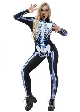 גולגולת מפחידה מודפסת Unitard 3D דיגיטלי מודפס שלד בגד גוף ליל כל הקדושים תחפושת N18235 2