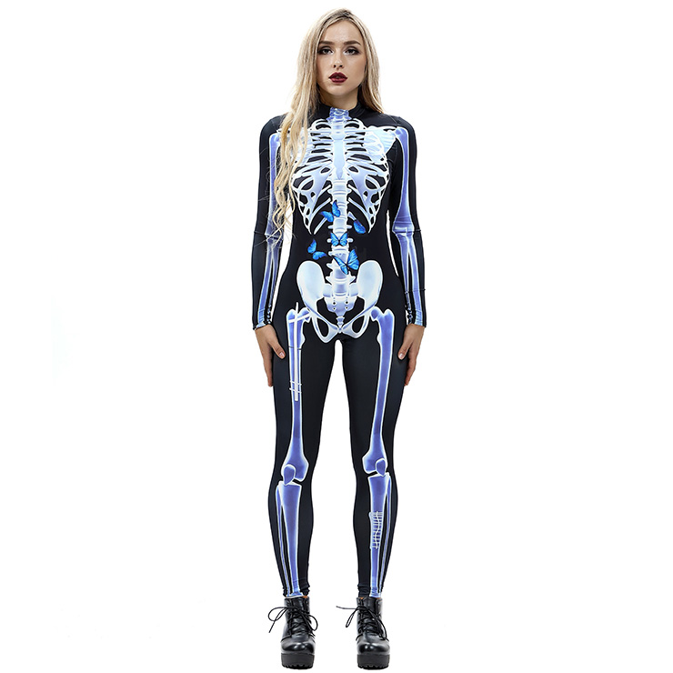גולגולת מפחידה מודפסת Unitard 3D דיגיטלי מודפס שלד בגד גוף ליל כל הקדושים תחפושת N18235